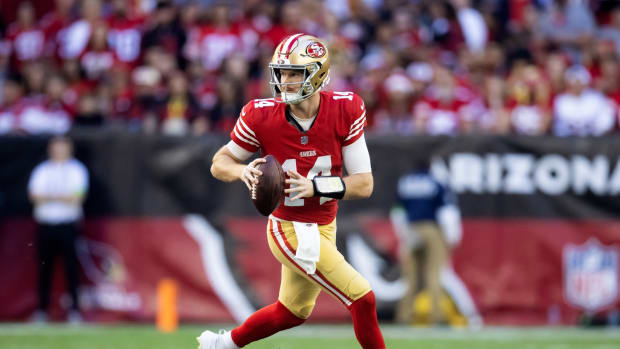 Dec 17, 2023; Glendale, Arizona, USA; San Francisco 49ers quarterback Sam Darnold (14) against the Arizona Cardinals at State Farm Stadium.